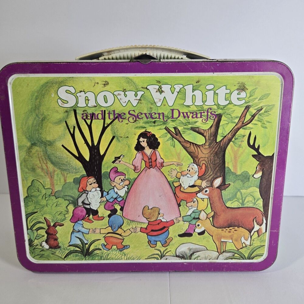 Vintage Snow White and the 7 Dwarfs Metal Lunch Box w/Spinner Game Ohio Art 1980